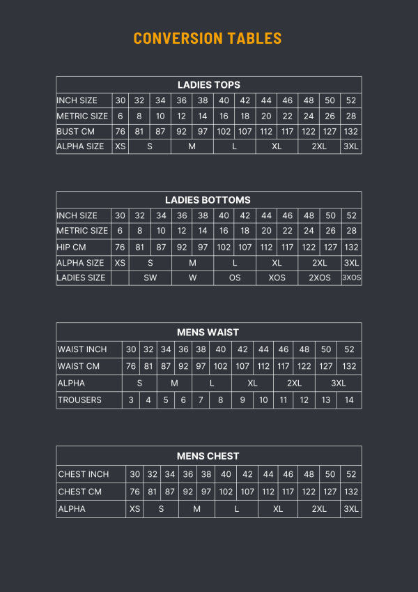 Workwear Size Charts | PPE & Uniform Sizing Guide SA